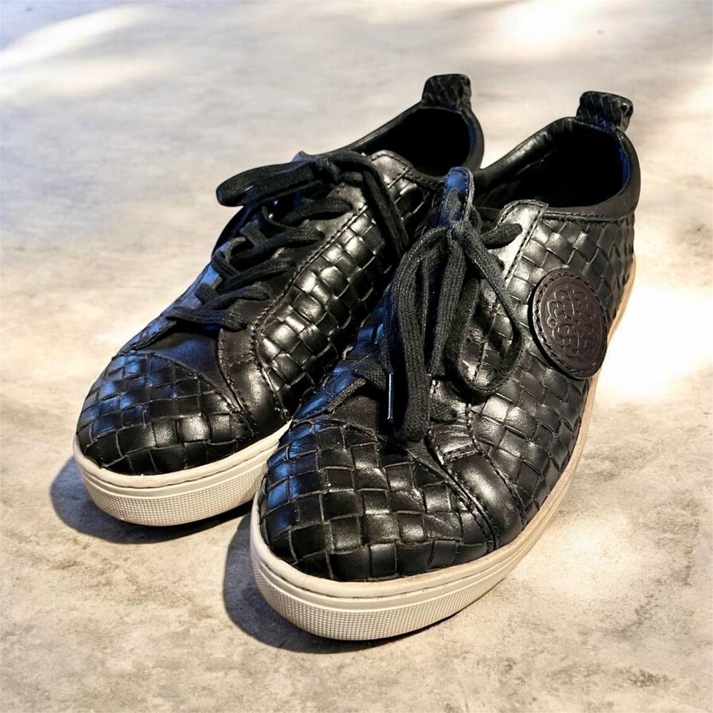 Brighton Ferrara Monte Leather Sneakers Black Woven Sz 9M Ret $235 Padded Comfy
